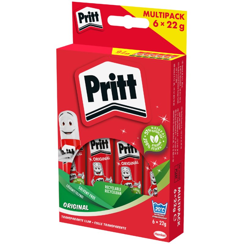 Pritt lijmstift 6 stuks van 22g, oplosmiddelvrij, multipack